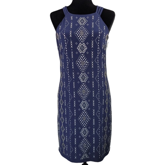 WHITE HOUSE BLACK MARKET Embellished Rhinestone Grommet Pattern Dress Blue XS - Picture 12 of 14